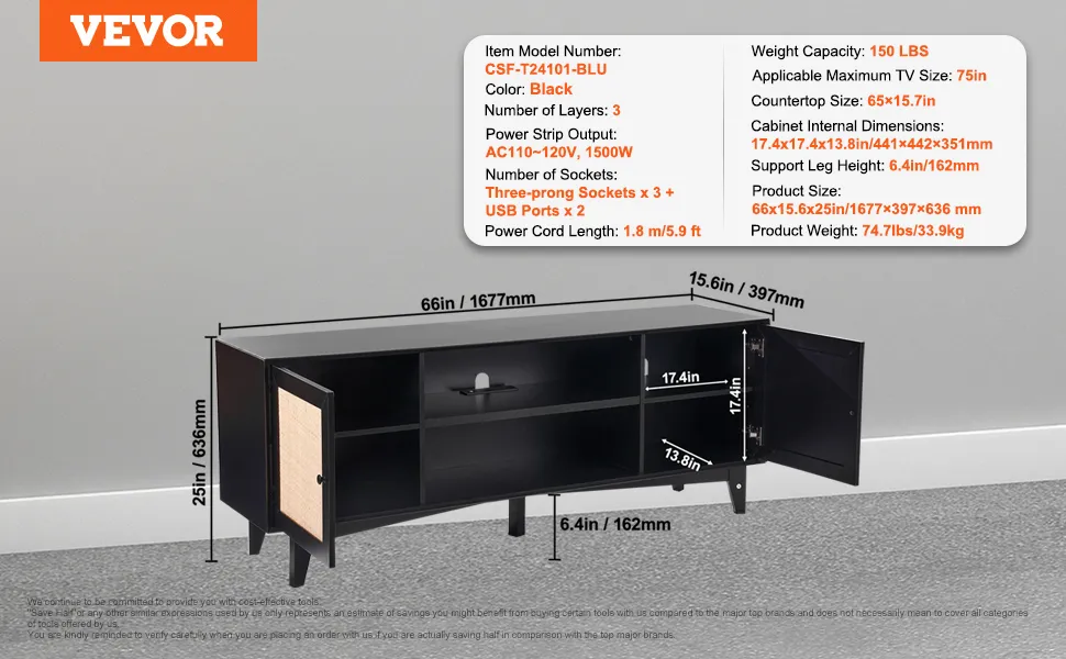 Specifiche del mobile porta TV in rattan VEVOR: nero, larghezza 66 pollici, altezza 25 pollici, dimensioni massime della TV 75 pollici, 3 strati, ciabatta.