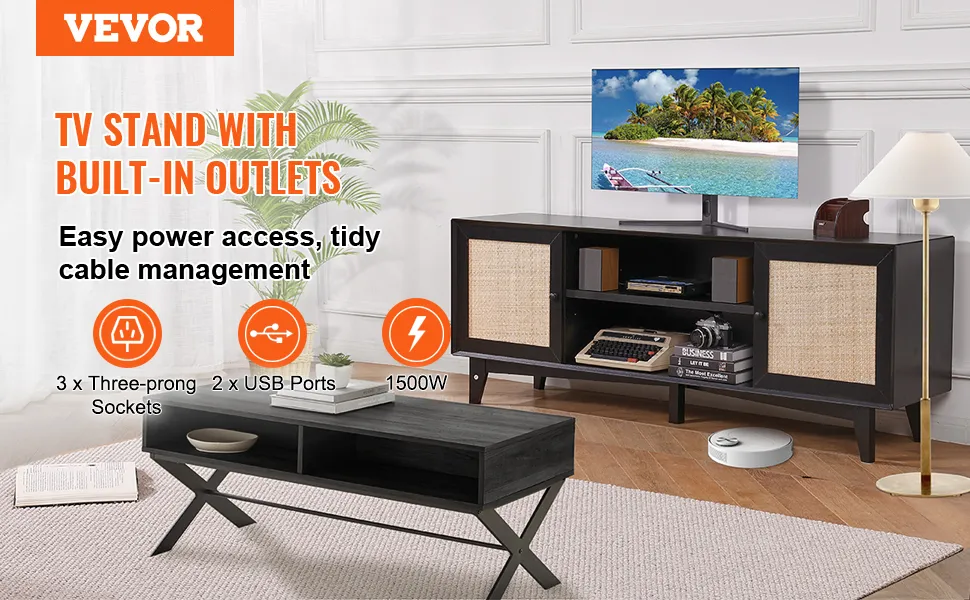 Mobile porta TV in rattan VEVOR con prese integrate, facile accesso all'alimentazione e sistema di gestione ordinata dei cavi.