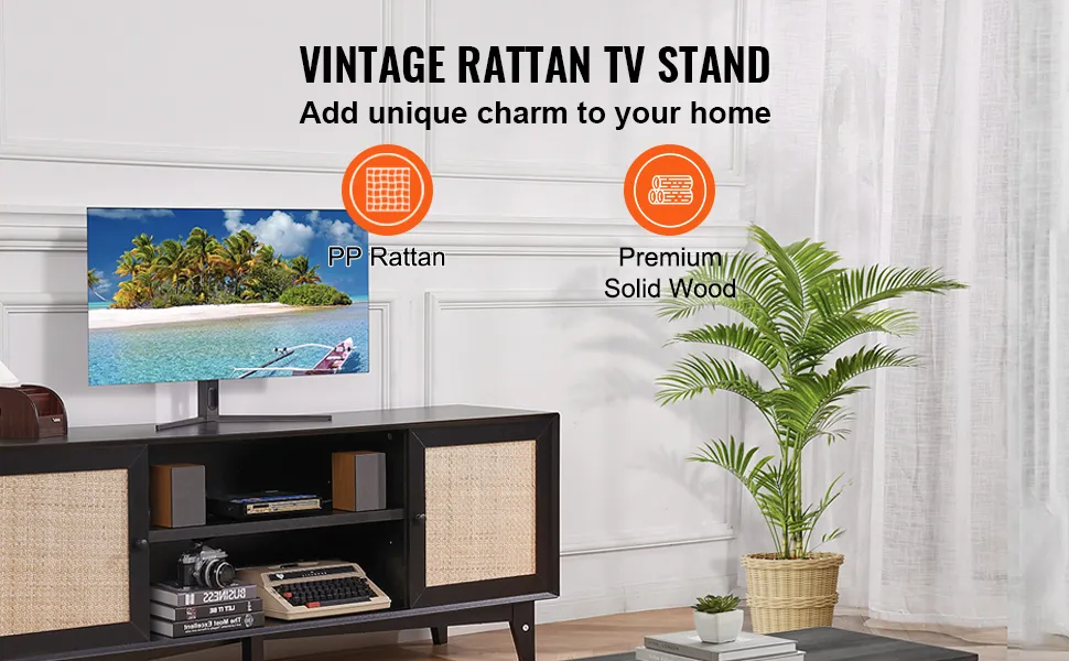 Mobile porta TV vintage in rattan VEVOR in soggiorno con pianta in vaso, che mette in risalto il rattan PP e il legno massello di prima qualità.