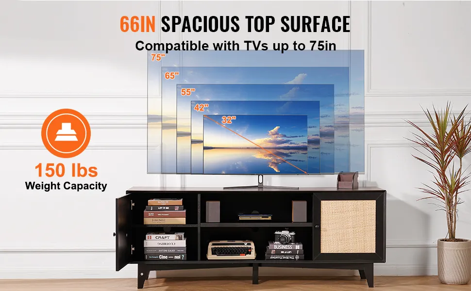 Supporto TV in rattan VEVOR con superficie superiore da 66 pollici, supporta TV fino a 75 pollici, capacità di carico di 150 libbre, design moderno.