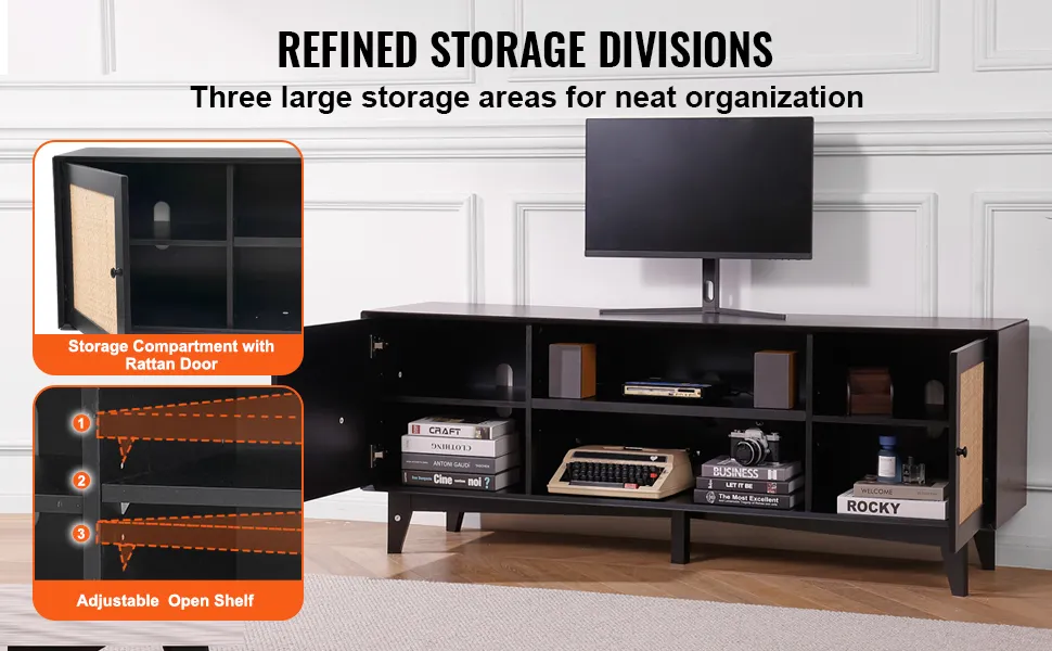 Mobile porta TV in rattan VEVOR con raffinate suddivisioni dello spazio e ripiani regolabili per un'organizzazione ordinata.