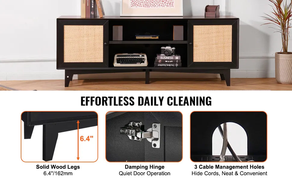 Mobile porta TV in rattan VEVOR con gambe in legno massello, cerniera ammortizzante e fori per la gestione dei cavi.