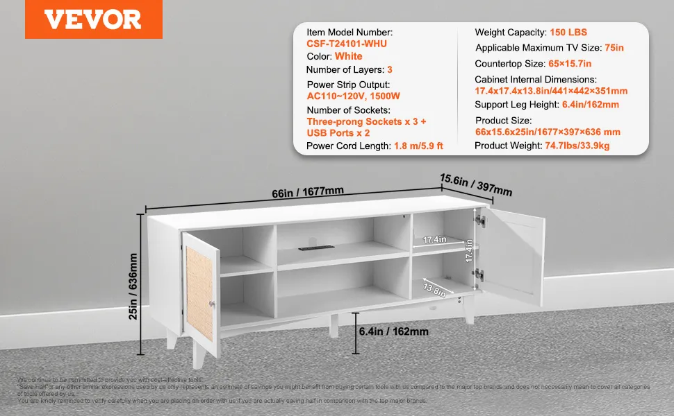 VEVOR TV-Ständer aus Rattan, weiß, 66 Zoll breit, 25 Zoll hoch, für Fernseher bis zu 75 Zoll, drei Ebenen mit mehreren Steckdosen.