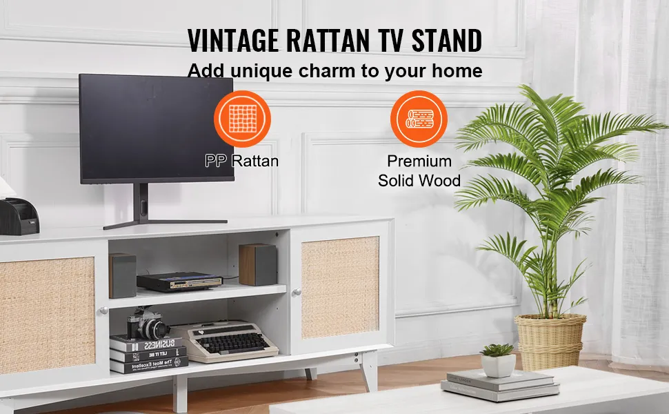 VEVOR Rattan-TV-Ständer mit Massivholzrahmen, umgeben von einem Monitor, einer Kamera, Büchern und einer Topfpflanze.