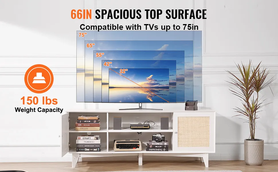 VEVOR-TV-Ständer aus Rattan, 66 Zoll Oberfläche, unterstützt Fernseher bis zu 75 Zoll, 150 lbs Tragkraft, elegant und funktional.