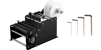 VEVOR round bottle labeling machine with rollers and four included hex wrenches.