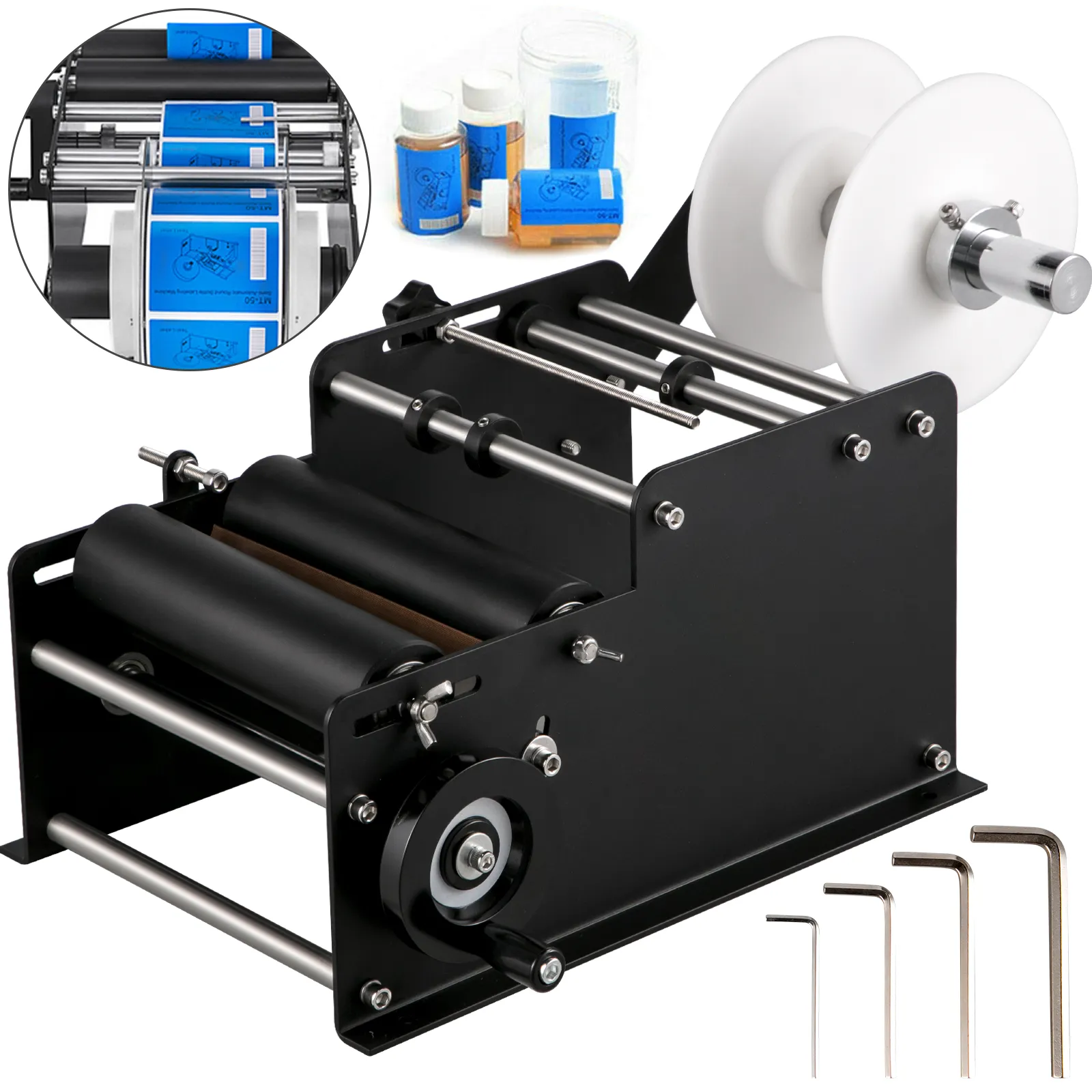 VEVOR round bottle labeling machine with tools and labeled bottles in the background.