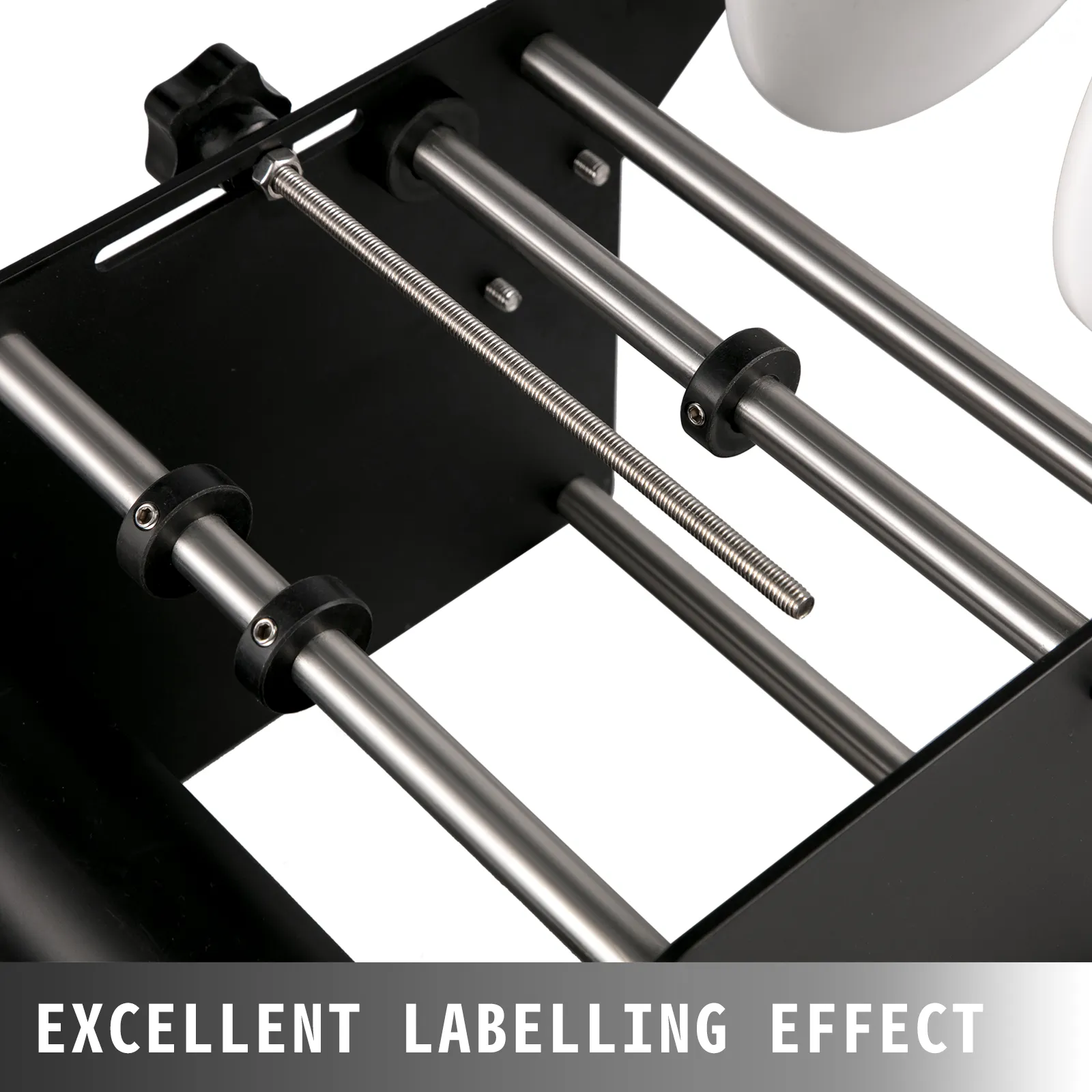 close-up of VEVOR round bottle labeling machine mechanics with "excellent labelling effect".