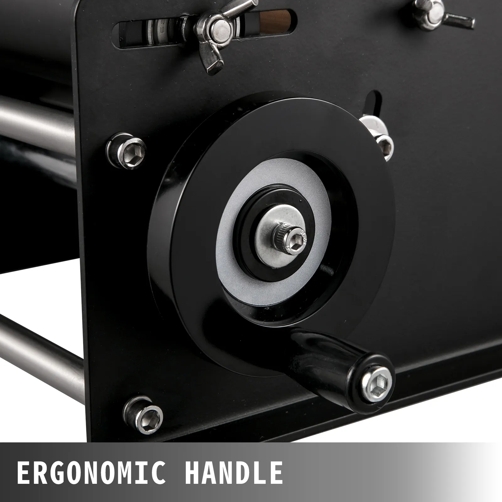 ergonomic handle of VEVOR round bottle labeling machine, detailed close-up view.