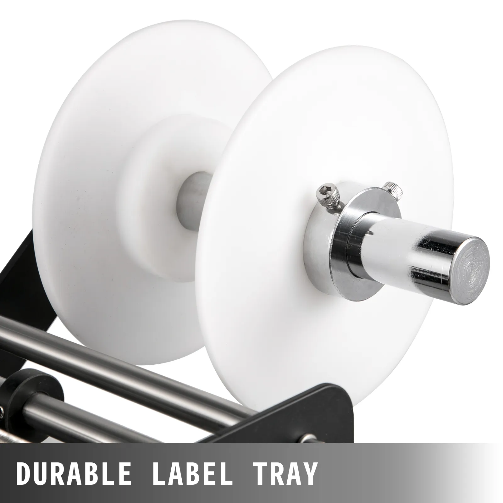 VEVOR round bottle labeling machine durable label tray with white discs and metal post.