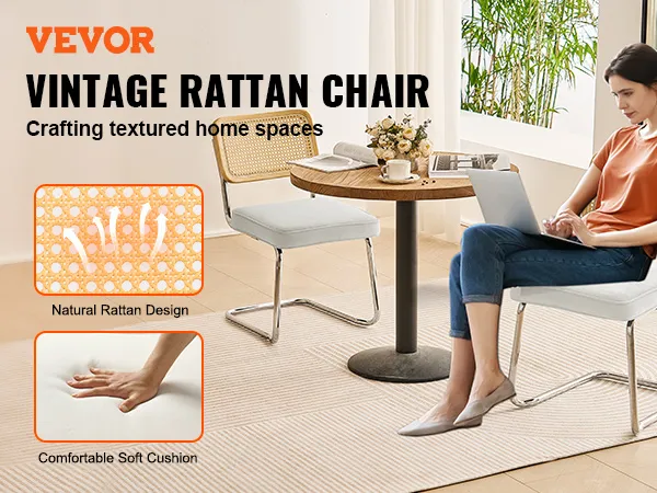 VEVOR rattan dining chair with natural rattan design and comfortable soft cushion in modern home setup.