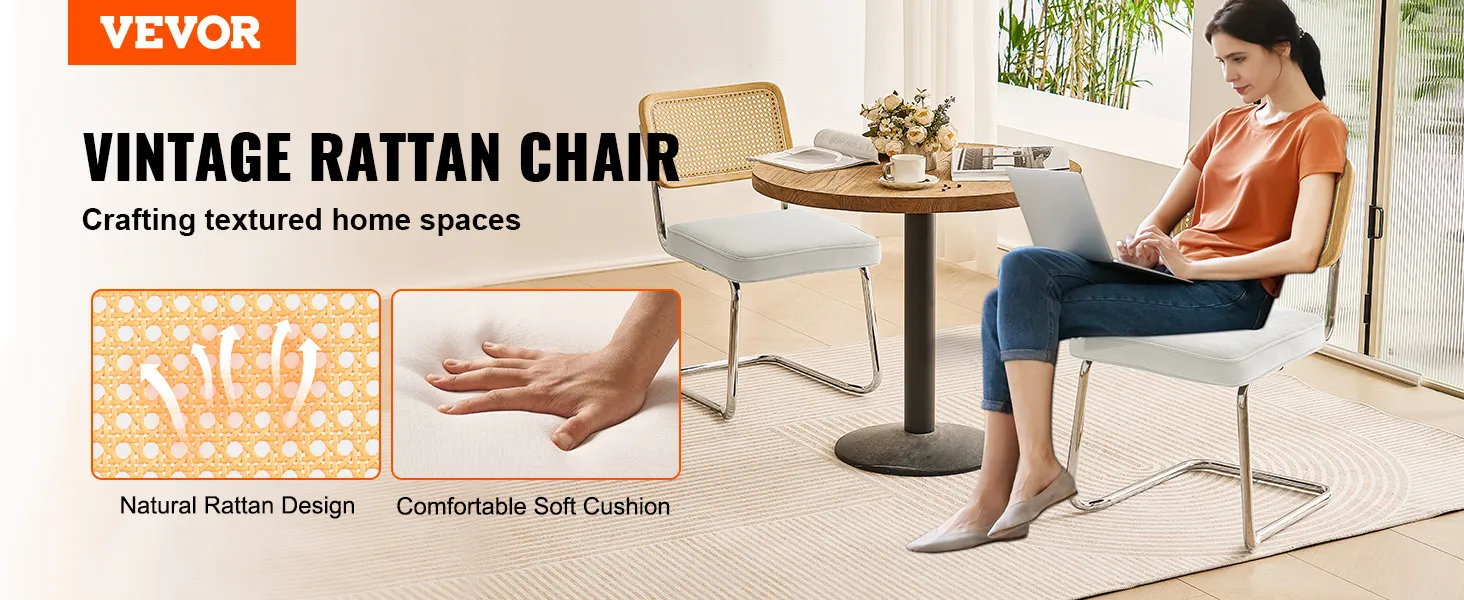 VEVOR rattan dining chair with natural rattan design and comfortable soft cushion in modern home setup.