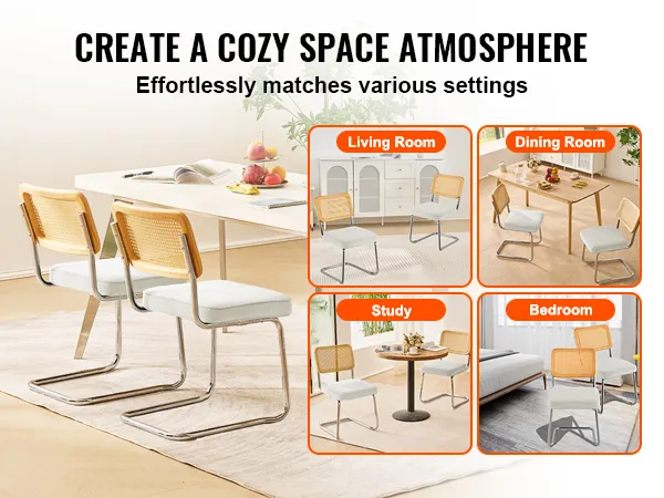 VEVOR rattan dining chair in living room, dining room, study, and bedroom settings. cozy atmosphere.