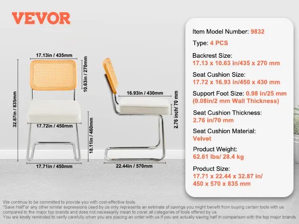 VEVOR rattan dining chairs with velvet cushions; dimensions and specifications highlighted.