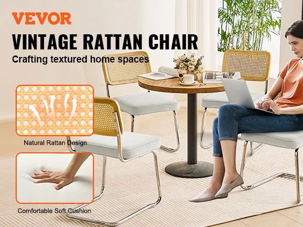 VEVOR rattan dining chairs with natural rattan design and comfortable soft cushion, ideal for home spaces.