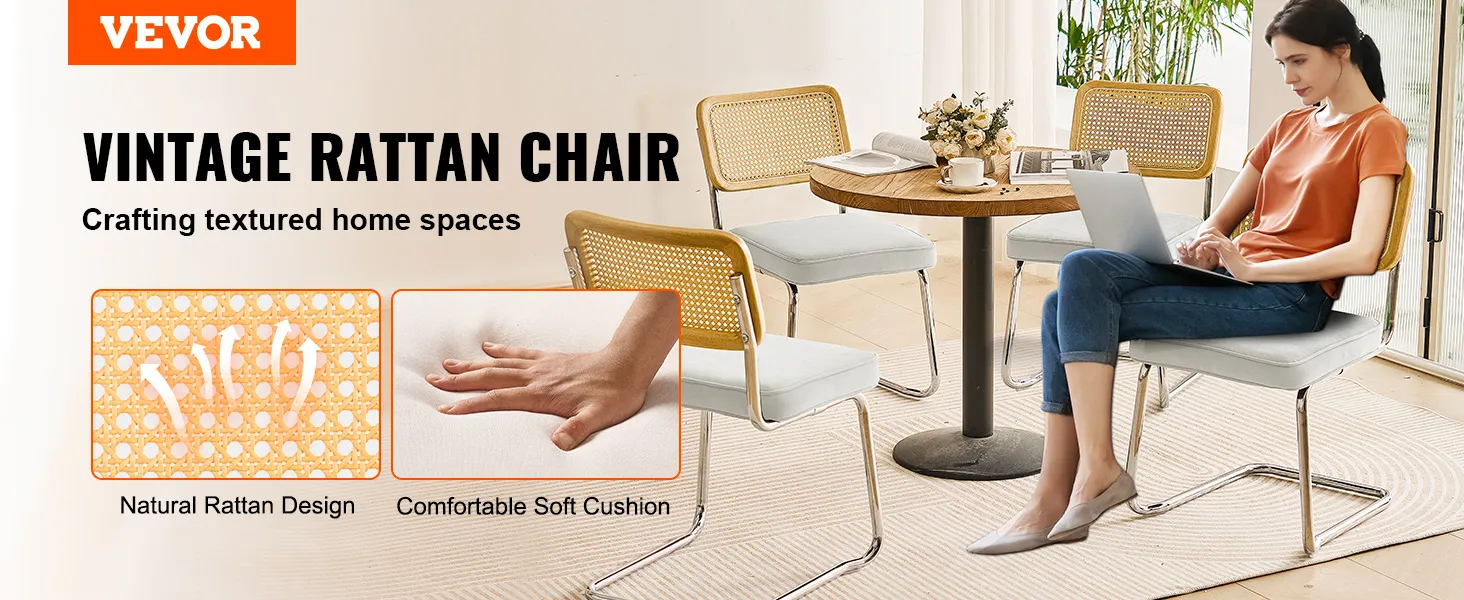 VEVOR rattan dining chairs with natural rattan design and comfortable soft cushion, ideal for home spaces.