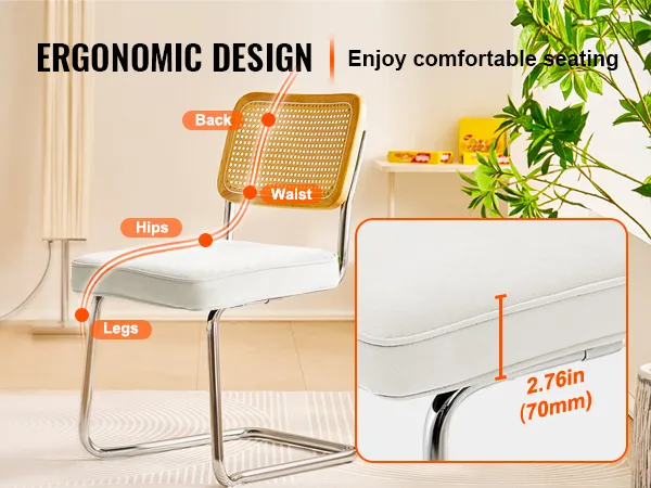 VEVOR rattan dining chairs in a cozy room, padded seats, ergonomic design with a 2.76-inch cushion.