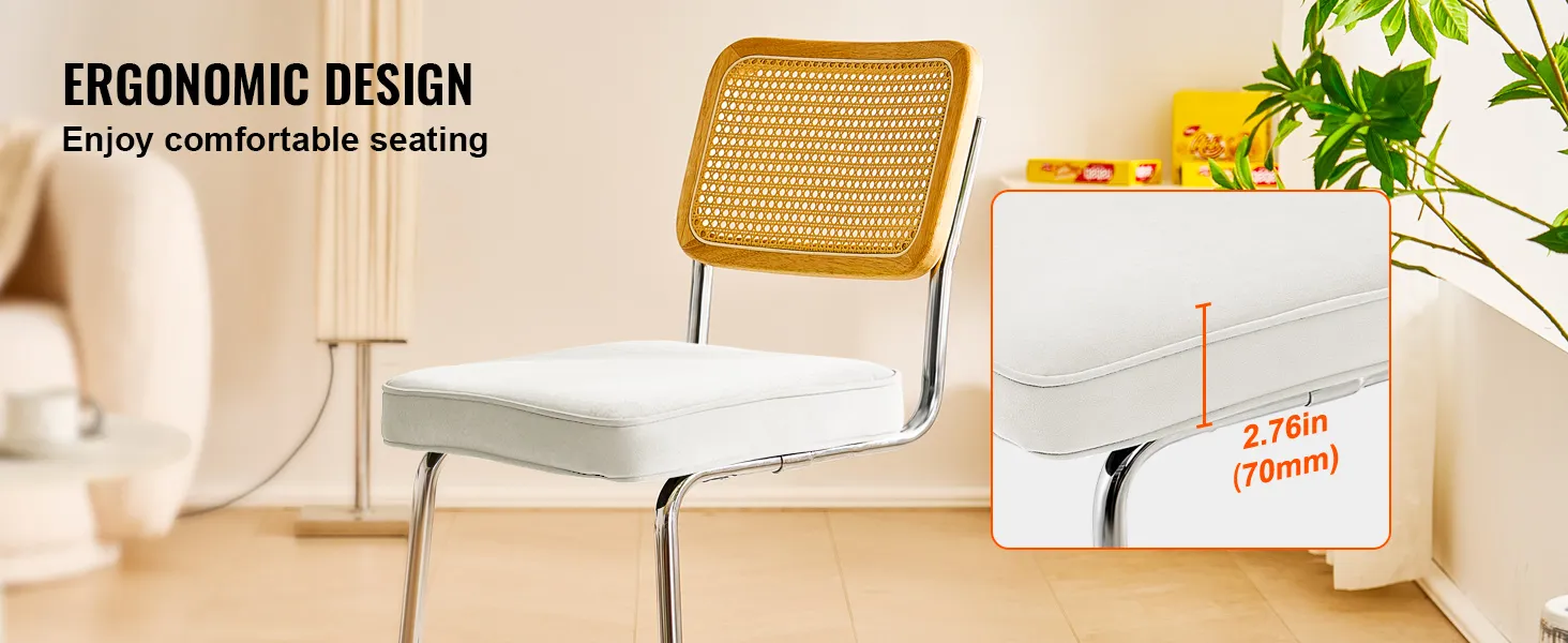 VEVOR rattan dining chairs in a cozy room, padded seats, ergonomic design with a 2.76-inch cushion.