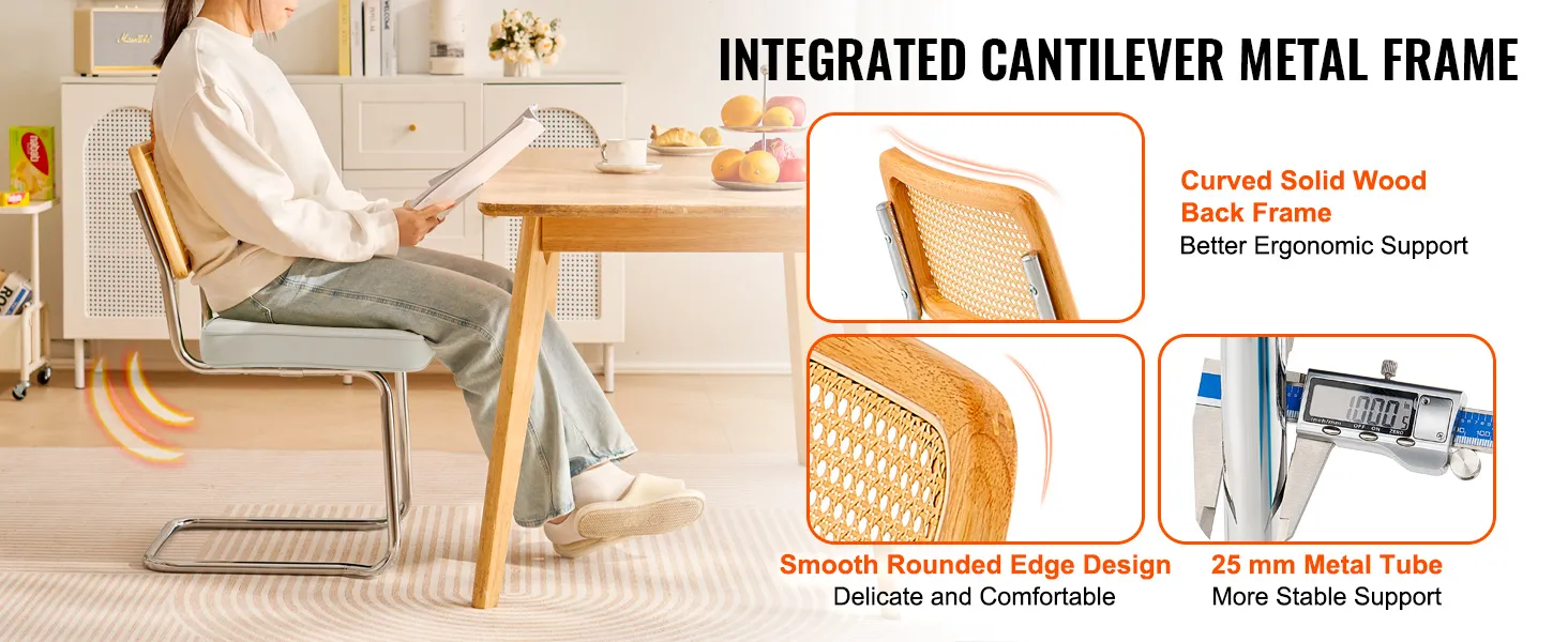VEVOR rattan dining chairs with curved solid wood back, smooth rounded edges, and 25 mm metal tube.