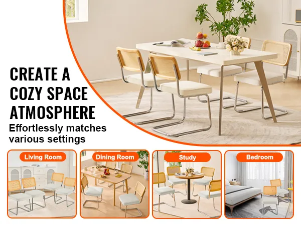 VEVOR rattan dining chairs in living room, dining room, study, and bedroom settings.