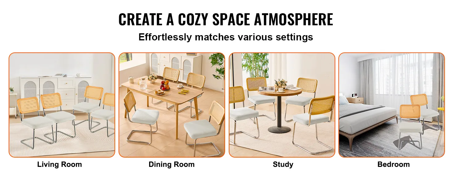 VEVOR rattan dining chairs in living room, dining room, study, and bedroom settings.