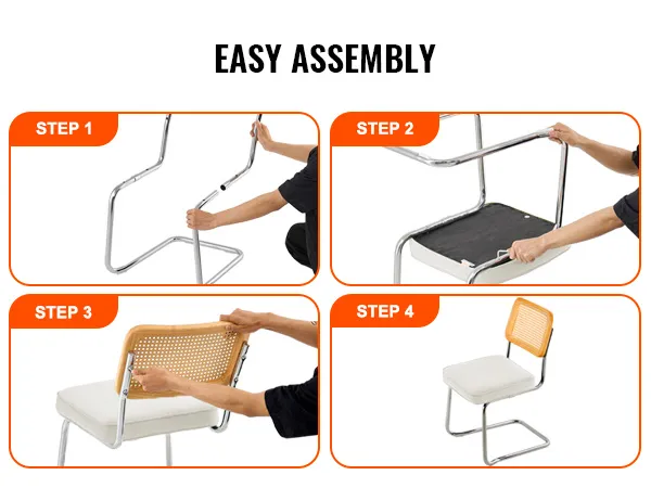 assembly steps for VEVOR rattan dining chairs with chrome frame and cushioned seat.
