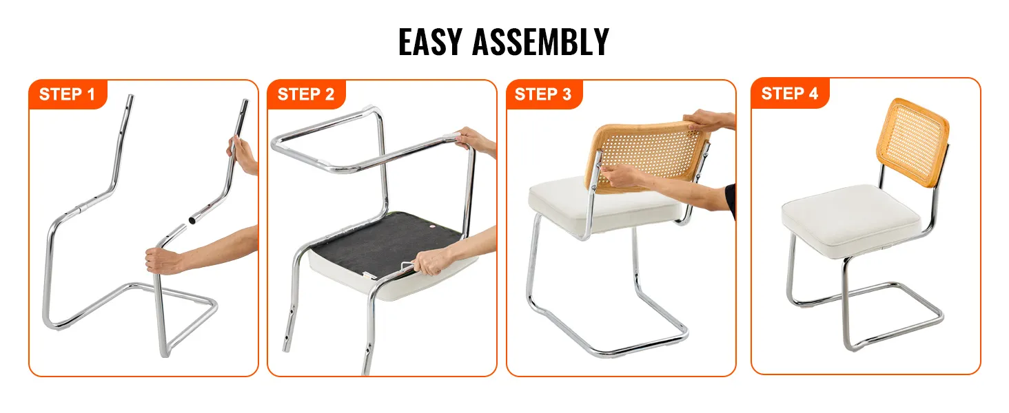 assembly steps for VEVOR rattan dining chairs with chrome frame and cushioned seat.