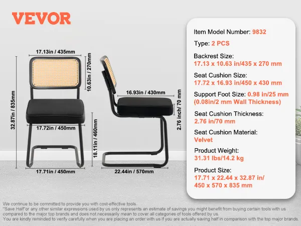 VEVOR rattan dining chairs with velvet cushions, model 9832, dimensions and specifications displayed.