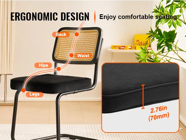 VEVOR rattan dining chairs with ergonomic design, cushioned seat, and labeled body support areas.