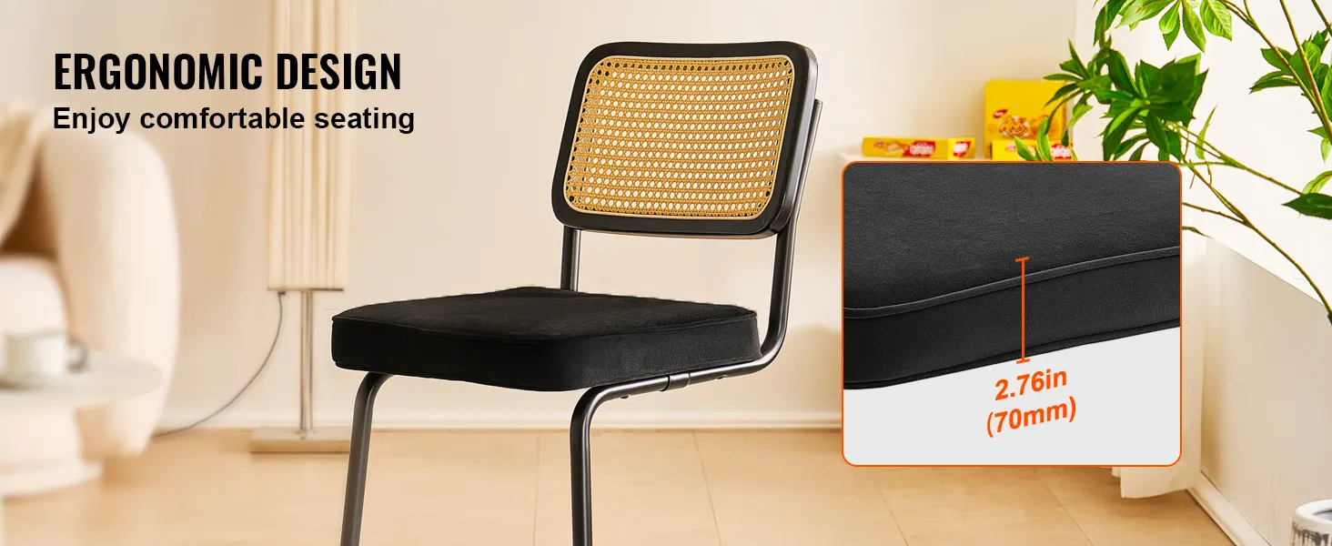 VEVOR rattan dining chairs with ergonomic design, cushioned seat, and labeled body support areas.