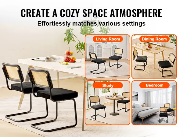 VEVOR rattan dining chairs in living room, dining room, study, and bedroom settings. cozy space.