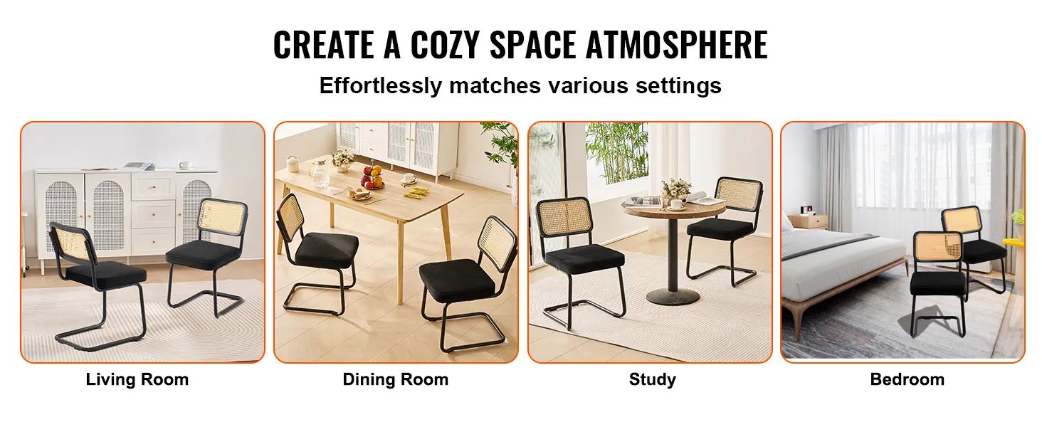 VEVOR rattan dining chairs in living room, dining room, study, and bedroom settings. cozy space.