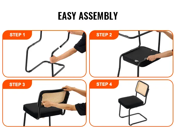 VEVOR easy assembly guide for a black chair with a mesh back and cushioned seat.