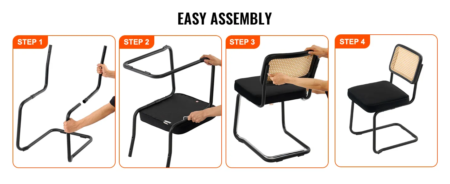 VEVOR easy assembly guide for a black chair with a mesh back and cushioned seat.