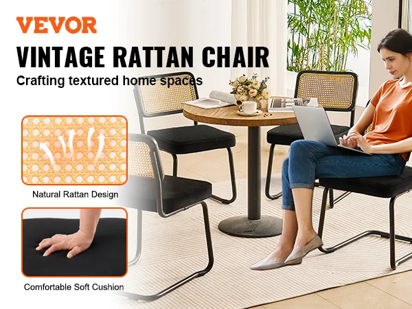 VEVOR rattan dining chairs with a natural rattan design and comfortable soft cushion in a cozy home setting.