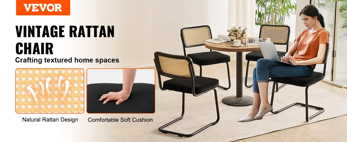 VEVOR rattan dining chairs with a natural rattan design and comfortable soft cushion in a cozy home setting.
