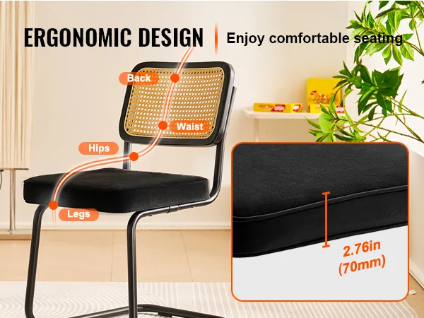 ergonomic VEVOR rattan dining chair with cushioned seat and detailed comfort zones for optimal seating.