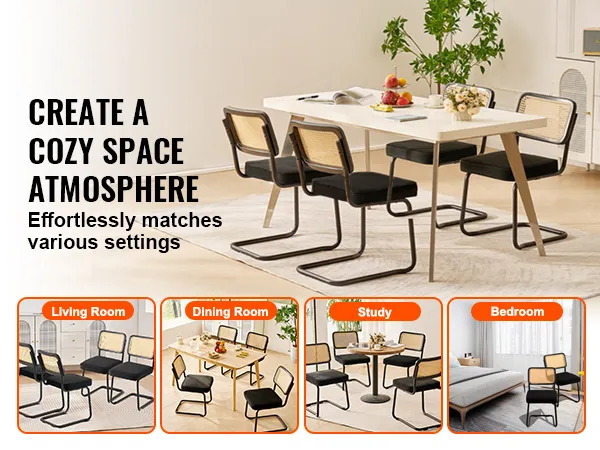VEVOR rattan dining chairs in living room, dining room, study, and bedroom settings.
