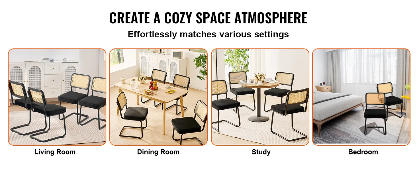 VEVOR rattan dining chairs in living room, dining room, study, and bedroom settings.