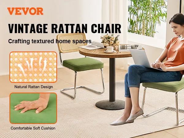 VEVOR rattan dining chairs in a cozy setting with natural rattan design and soft green cushions.