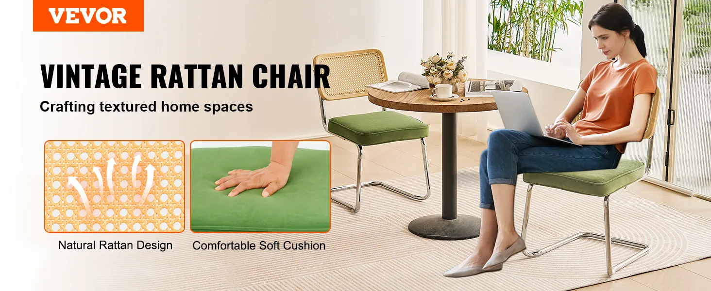 VEVOR rattan dining chairs in a cozy setting with natural rattan design and soft green cushions.