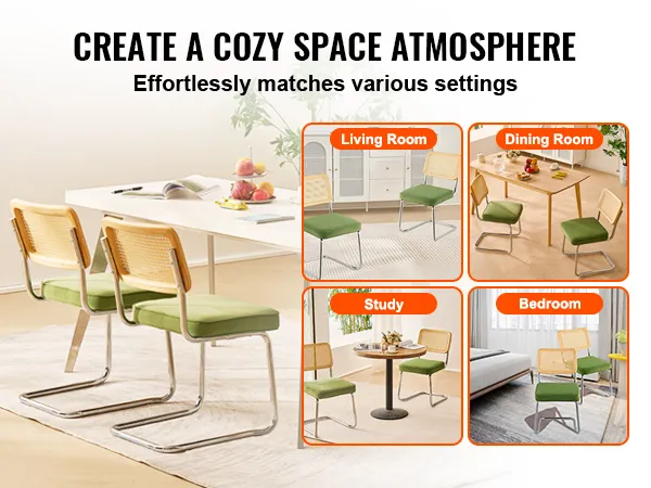 VEVOR rattan dining chairs in living room, dining room, study, and bedroom settings.