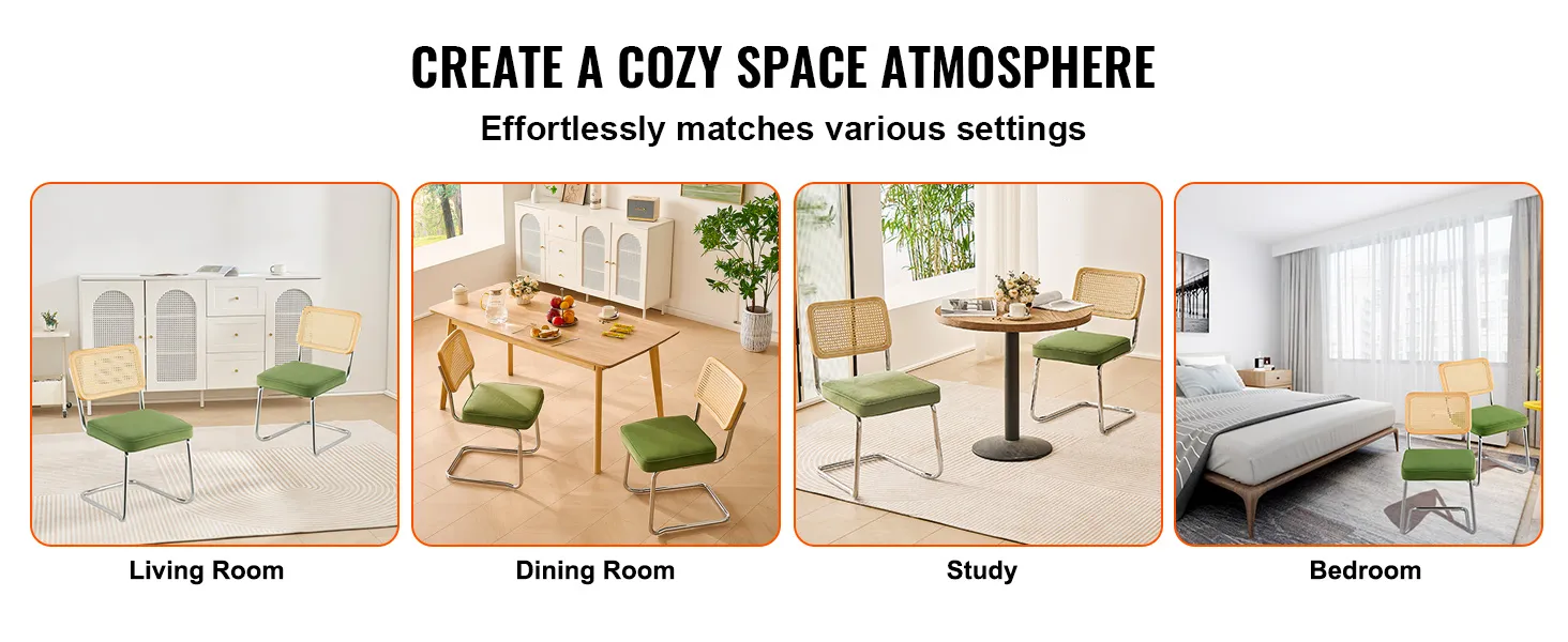 VEVOR rattan dining chairs in living room, dining room, study, and bedroom settings.