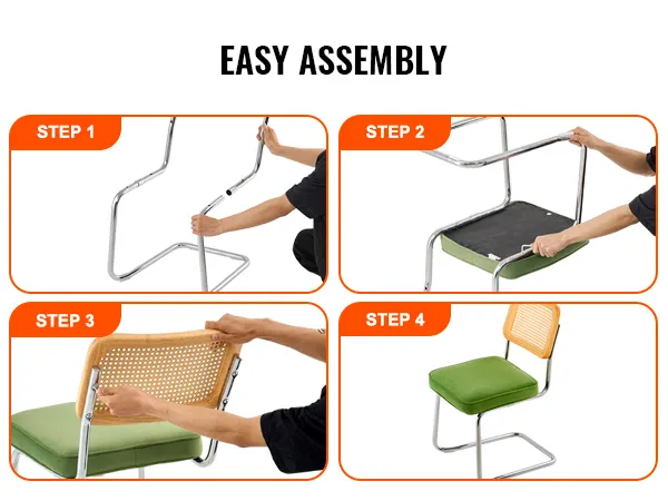 easy assembly steps for VEVOR rattan dining chairs with green cushions and chrome frames.