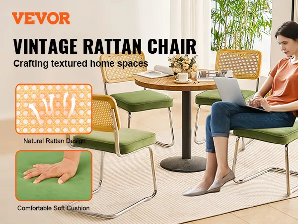 VEVOR rattan dining chair in a cozy home setting with natural rattan design and soft green cushions.