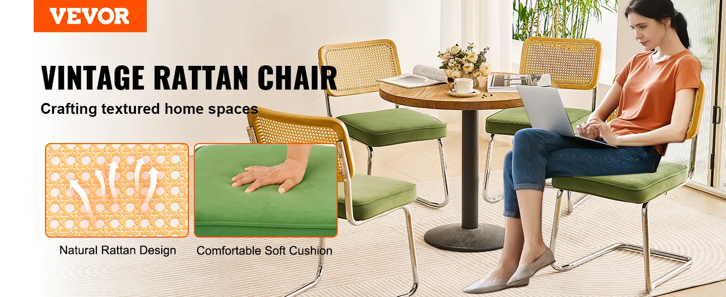 VEVOR rattan dining chair in a cozy home setting with natural rattan design and soft green cushions.