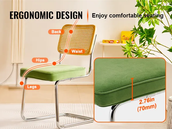 VEVOR rattan dining chair with ergonomic design for back support, green cushion, and chrome legs.