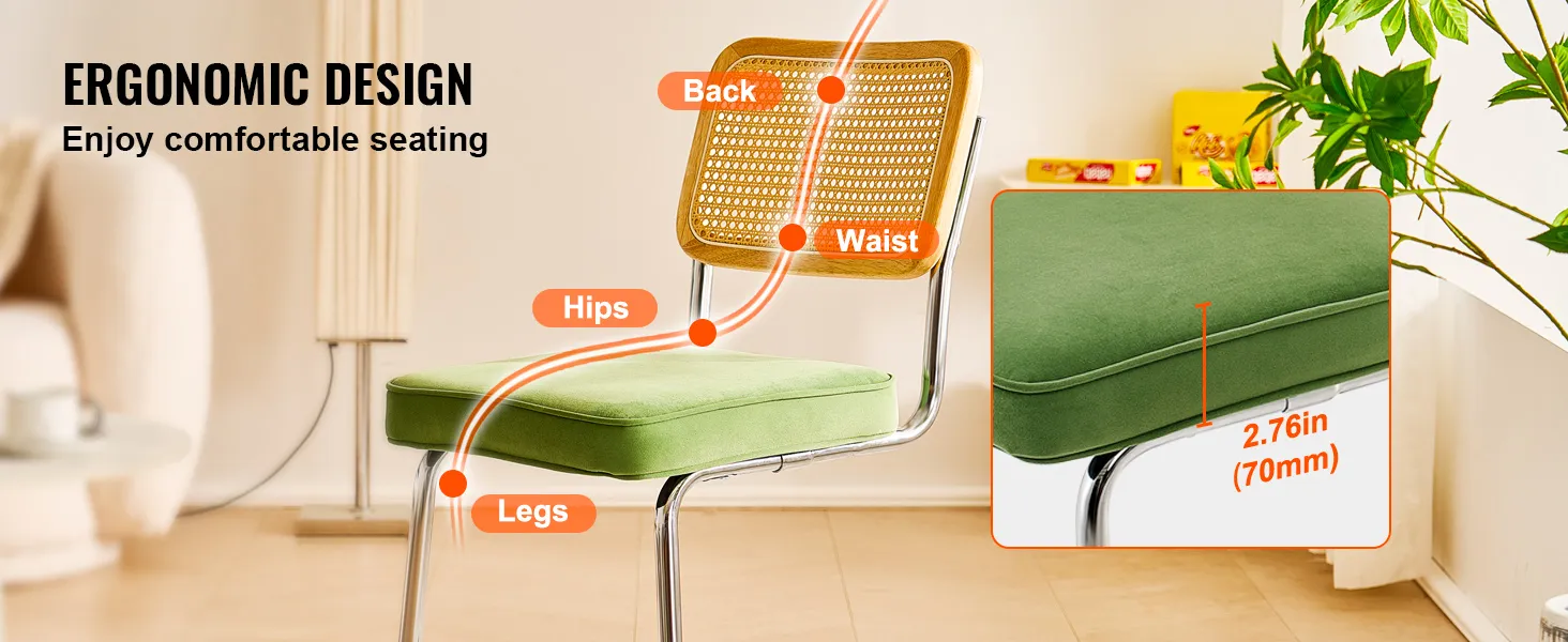 VEVOR rattan dining chair with ergonomic design for back support, green cushion, and chrome legs.