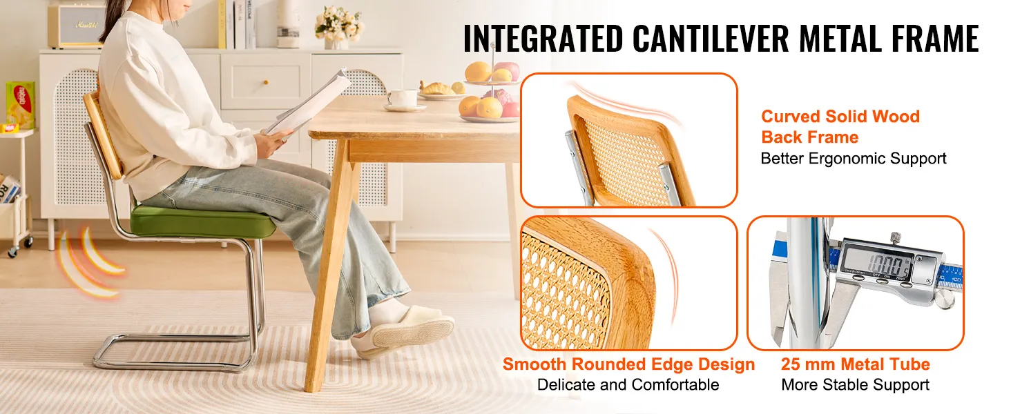 person sitting on VEVOR rattan dining chair with ergonomic solid wood back, smooth edges, and sturdy metal tube.
