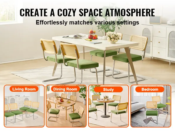 VEVOR rattan dining chair in living room, dining room, study, and bedroom setups.